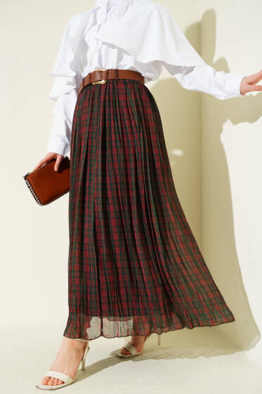 Kemerli Sık Pileli Ekoseli Etek Kahve - Etek