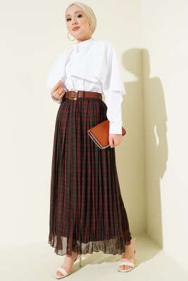 Kemerli Sık Pileli Ekoseli Etek Kahve - Etek