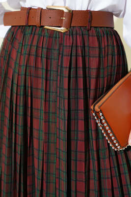 Kemerli Sık Pileli Ekoseli Etek Kahve - Etek