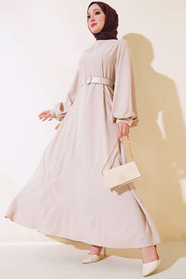 Kemerli Simli Elbise Bej - ZAMANE (QSS)