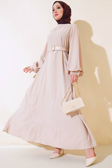 Kemerli Simli Elbise Bej - Tesettür Elbise