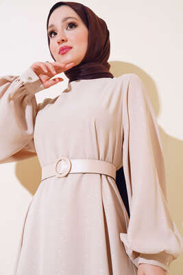 Kemerli Simli Elbise Bej - Tesettür Elbise