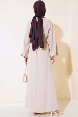 Kemerli Simli Elbise Bej - Tesettür Elbise