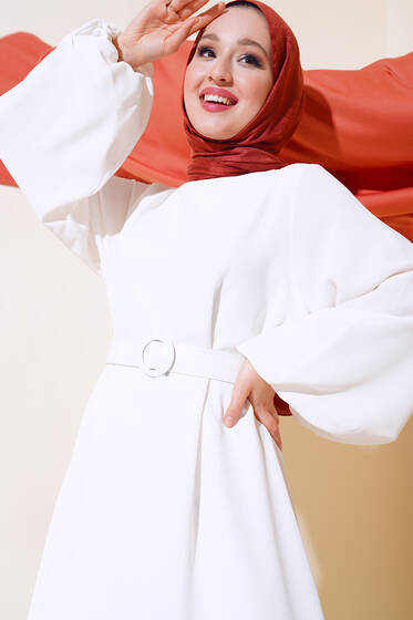 Kemerli Simli Elbise Ekru - Elbise