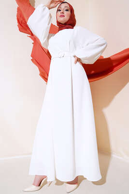 Kemerli Simli Elbise Ekru - Tesettür Elbise