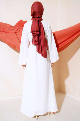 Kemerli Simli Elbise Ekru - Tesettür Elbise