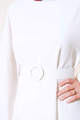 Kemerli Simli Elbise Ekru - Tesettür Elbise