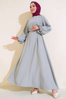 Kemerli Simli Elbise Gri 