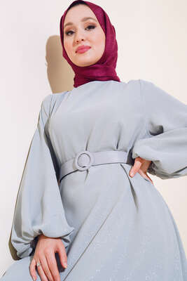 Kemerli Simli Elbise Gri - Tesettür Elbise