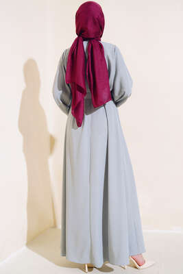 Kemerli Simli Elbise Gri - Tesettür Elbise