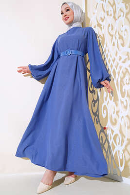 Kemerli Simli Elbise İndigo 