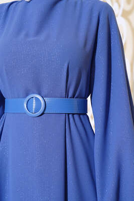 Kemerli Simli Elbise İndigo - Tesettür Elbise