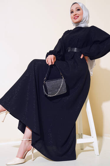 Kemerli Simli Elbise Siyah - Elbise