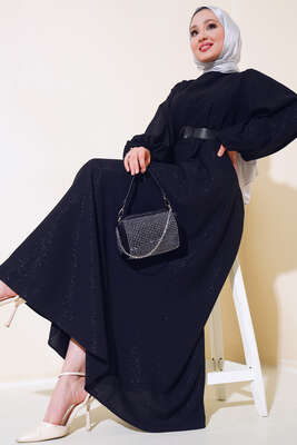 Kemerli Simli Elbise Siyah 