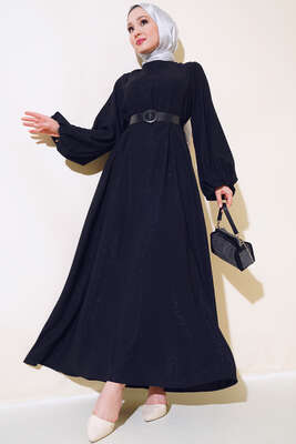 Kemerli Simli Elbise Siyah - Tesettür Elbise