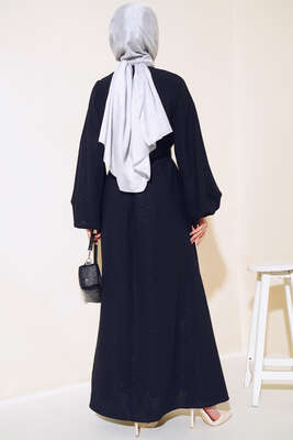 Kemerli Simli Elbise Siyah - Tesettür Elbise