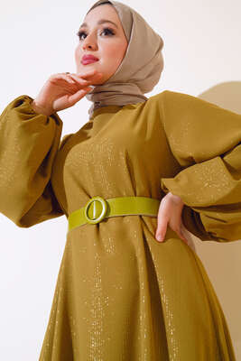Kemerli Simli Elbise Yağ Yeşili - Thumbnail