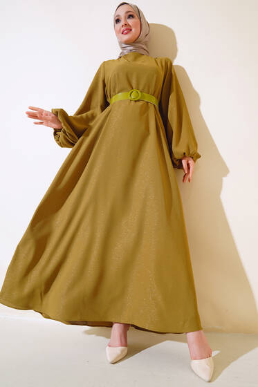 Kemerli Simli Elbise Yağ Yeşili - Tesettür Elbise