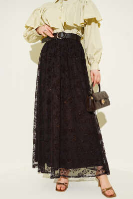 Kemerli Simli Kloş Tül Etek Acı Kahve - ALİ AKKAYA