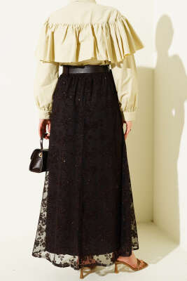 Kemerli Simli Kloş Tül Etek Acı Kahve - Etek