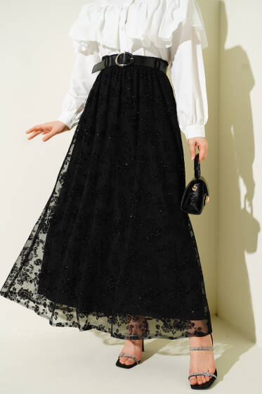 Kemerli Simli Kloş Tül Etek Siyah - Etek