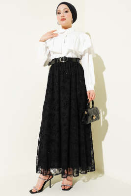 Kemerli Simli Kloş Tül Etek Siyah - Etek