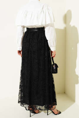 Kemerli Simli Kloş Tül Etek Siyah - Etek