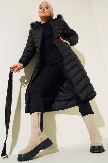 Kemerli Şişme Mont Siyah - Mont