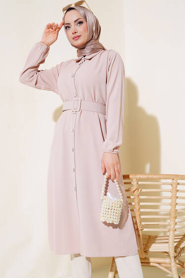 Kemerli Taş Düğmeli Uzun Tunik Bej - Tunik