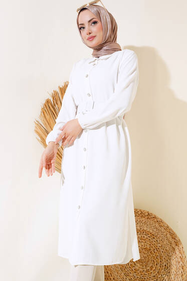 Kemerli Taş Düğmeli Uzun Tunik Ekru - Tunik