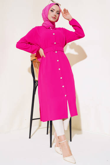 Kemerli Taş Düğmeli Uzun Tunik Fuşya - Tunik