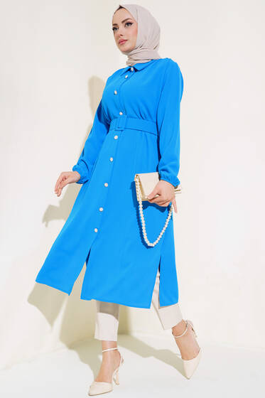 Kemerli Taş Düğmeli Uzun Tunik Mavi - Tunik