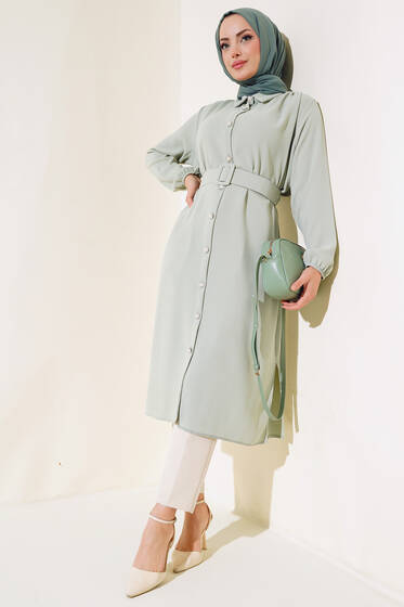 Kemerli Taş Düğmeli Uzun Tunik Mint - Tunik
