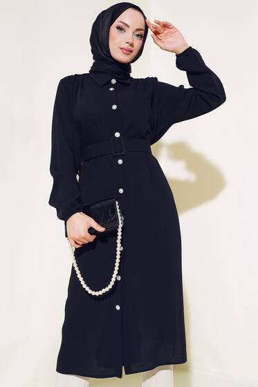 Kemerli Taş Düğmeli Uzun Tunik Siyah - Tunik