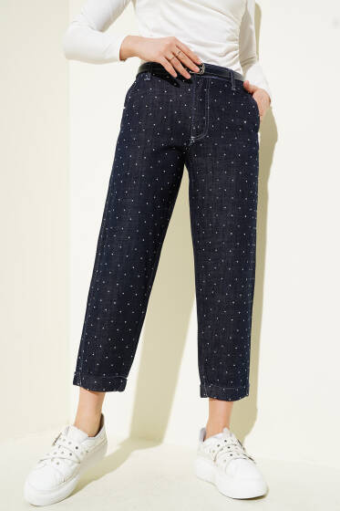 Kemerli Taş Süslemeli Kot Pantolon Lacivert - Pantolon