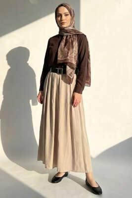 Kemerli Tensel Pileli Etek Bej - LUSTRİN
