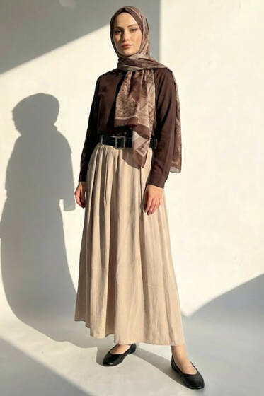 Kemerli Tensel Pileli Etek Bej - Etek