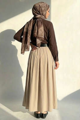 Kemerli Tensel Pileli Etek Bej - Etek