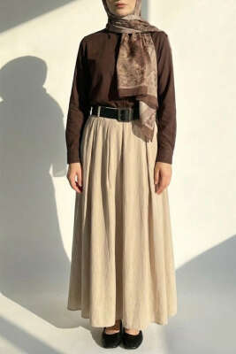 Kemerli Tensel Pileli Etek Bej - Etek