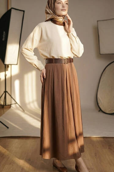 Kemerli Tensel Pileli Etek Kahve - Etek
