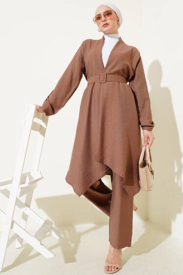 Kemerli Uzun Hırka İkili Takım Kahve - İkili Takım