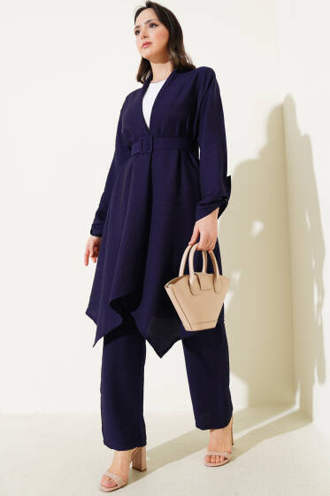 Kemerli Uzun Hırka İkili Takım Lacivert - İkili Takım
