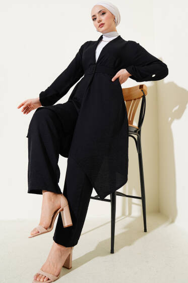 Kemerli Uzun Hırka İkili Takım Siyah - İkili Takım