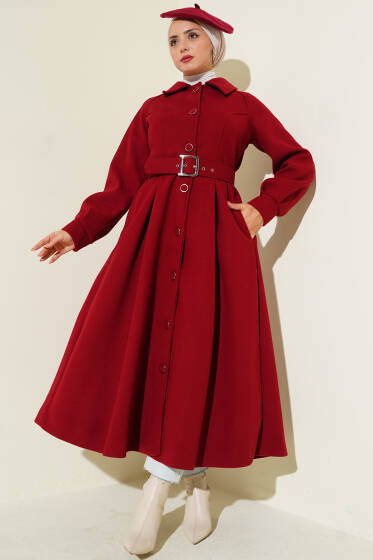 Kemerli Uzun Kaşe Kaban Bordo - Kaban