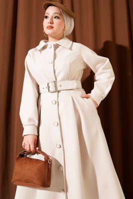 Kemerli Uzun Kaşe Kaban Ekru - Kaban