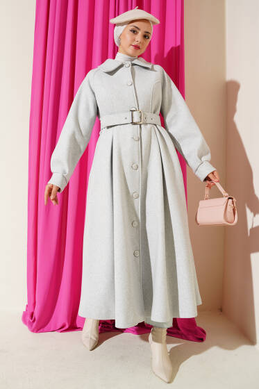 Kemerli Uzun Kaşe Kaban Gri - Kaban