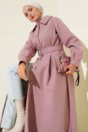 Kemerli Uzun Kaşe Kaban Pudra - Kaban