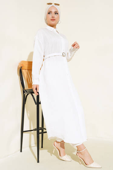 Kemerli Uzun Tunik Ekru - Tunik