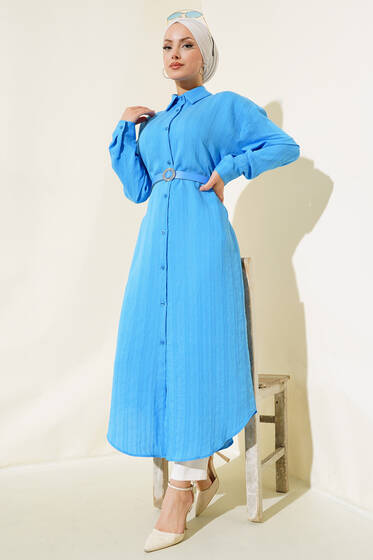 Kemerli Uzun Tunik İndigo - Tunik