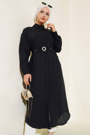 Kemerli Uzun Tunik Siyah - Tunik